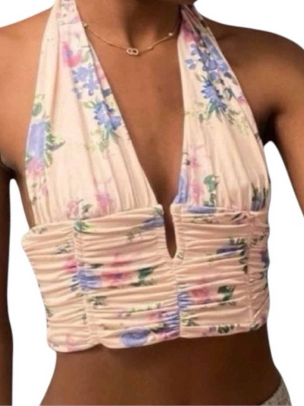 NWT Zara Floral Halter Crop Top in a light pink color with a purple and blue